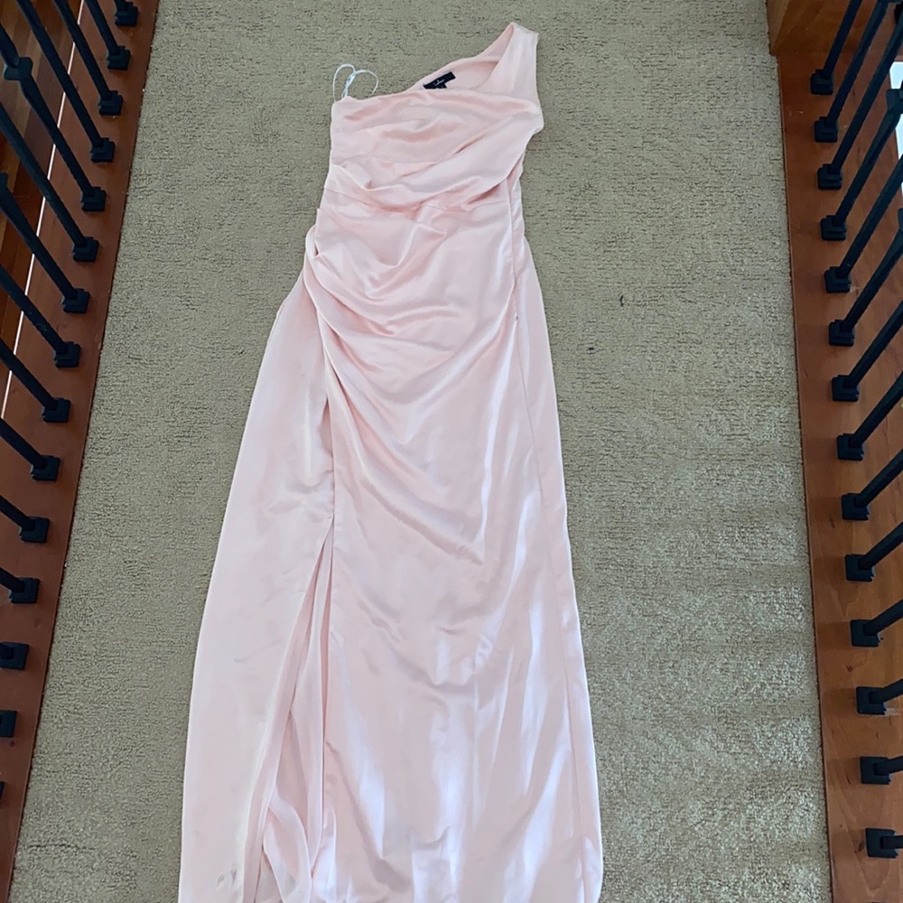 Super cute light pink one shoulder prom dress with slit. Lulus
